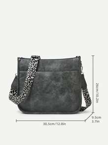 豹紋帶斜挎包女士PU皮革水桶包復古旅行肩膀錢包夏天灰色時尚包 - 灰色 - 查看 7