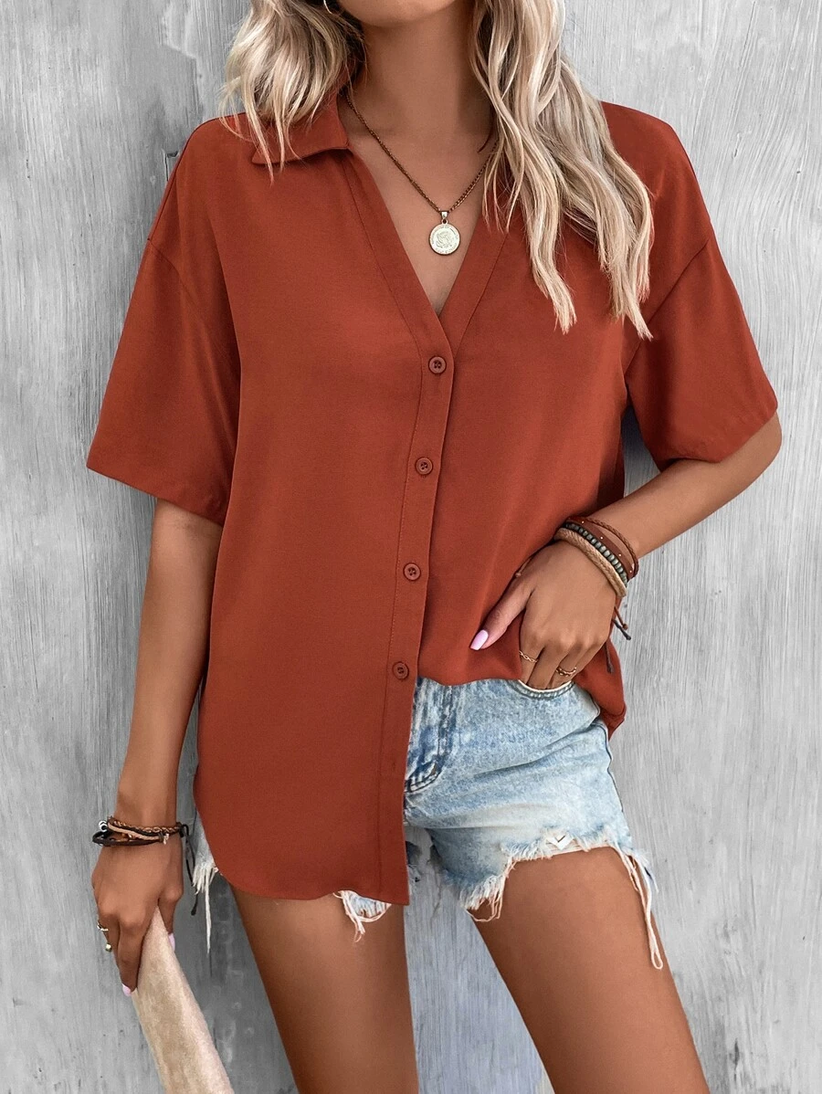 SHEIN LUNE Solid Drop Shoulder Button Front Shirt - Burnt Orange - View 1
