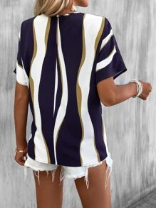 SHEIN LUNE Blusa de color combinado con nudo lateral de manga murciélago - Azul - Ver 2