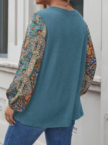 SHEIN LUNE Plus Paisley Print Lantern Sleeve Waffle Knit Tee - Blue - View 2
