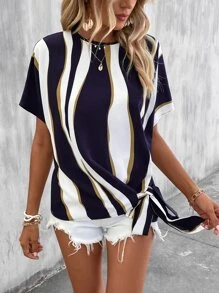 SHEIN LUNE Blusa de color combinado con nudo lateral de manga murciélago - Azul - Ver 3