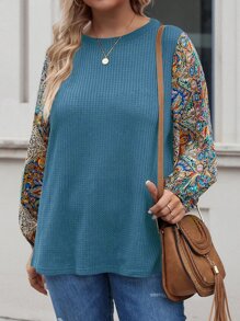 SHEIN LUNE Plus Paisley Print Lantern Sleeve Waffle Knit Tee - Blue - View 3