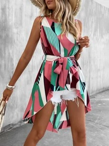 SHEIN VCAY 幾何印花高低下擺腰帶襯衫 - 彩色 - 查看 5