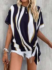 SHEIN LUNE Blusa de color combinado con nudo lateral de manga murciélago - Azul - Ver 5