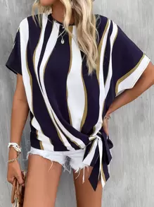 SHEIN LUNE Blusa de color combinado con nudo lateral de manga murciélago - Azul - Ver 6