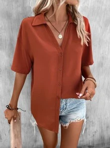 SHEIN LUNE Solid Drop Shoulder Button Front Shirt - Burnt Orange - View 4