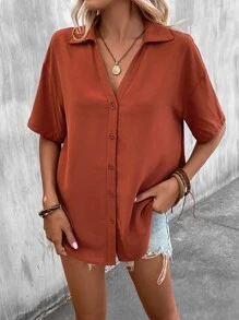 SHEIN LUNE Solid Drop Shoulder Button Front Shirt - Burnt Orange - View 5