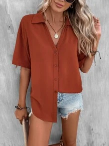 SHEIN LUNE Solid Drop Shoulder Button Front Shirt - Burnt Orange - View 6