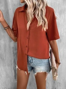SHEIN LUNE Solid Drop Shoulder Button Front Shirt - Burnt Orange - View 7