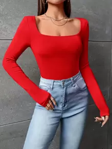 SHEIN EZwear Áo thun nữ màu trơn Giải trí - Đỏ - Xem 1