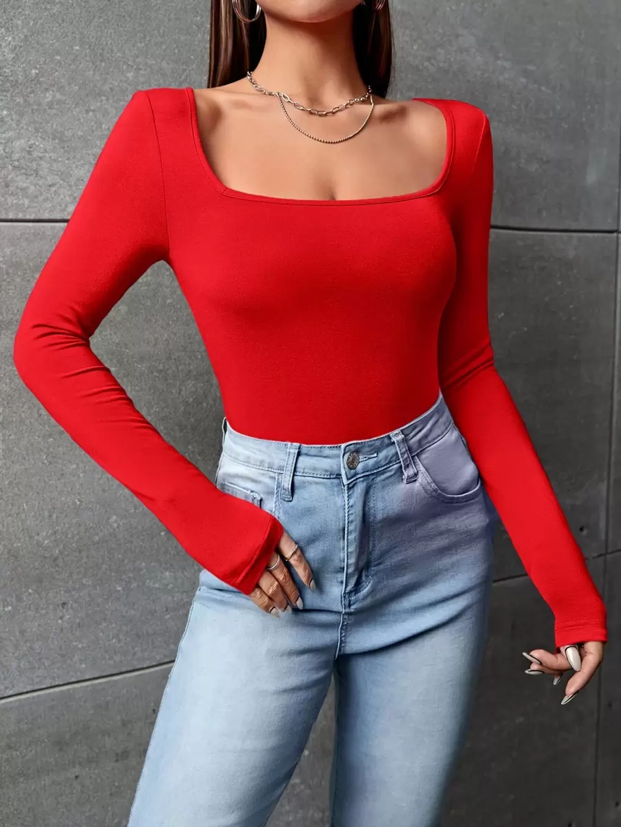 SHEIN EZwear Áo thun nữ màu trơn Giải trí - Đỏ - Xem 1