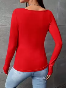 SHEIN EZwear Áo thun nữ màu trơn Giải trí - Đỏ - Xem 2