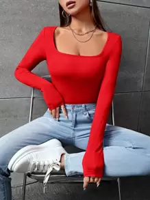 SHEIN EZwear Áo thun nữ màu trơn Giải trí - Đỏ - Xem 3