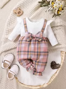 Bebé niño Mono con estampado de cuadros ribete con fruncido con lazo delantero 2 en 1 - Multicolor - Ver 1
