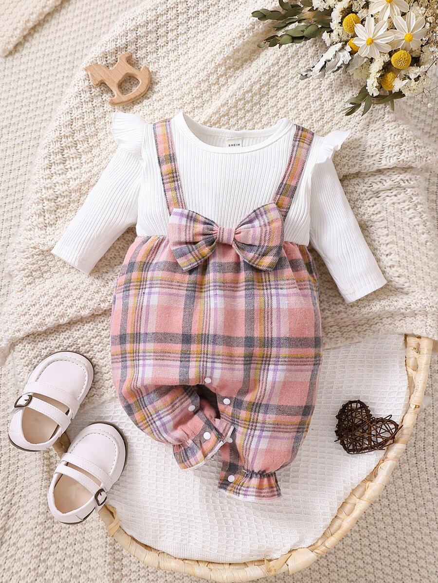 Bebé niño Mono con estampado de cuadros ribete con fruncido con lazo delantero 2 en 1 - Multicolor - Ver 1