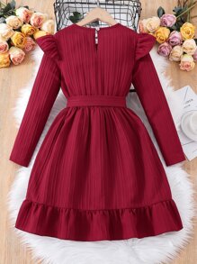 SHEIN Vestido Juvenil Para Niñas Con Dobladillo Circular Y Diseño De Volantes - Burdeos - Ver 2