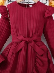 SHEIN Vestido Juvenil Para Niñas Con Dobladillo Circular Y Diseño De Volantes - Burdeos - Ver 3