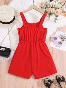 Chicas Mono de tirantes de dos capas ribete con fruncido - Rojo - Ver 2