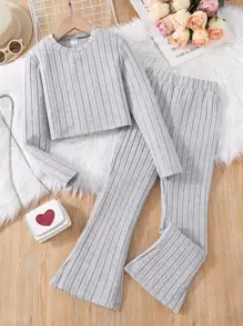 SHEIN Girls Solid Tee & Flare Leg Trousers - Grey - View 1