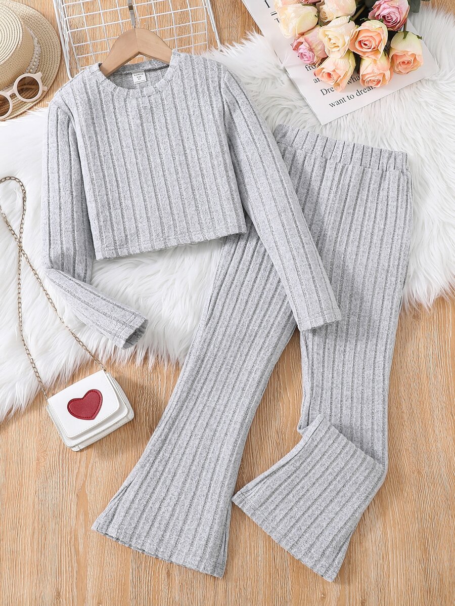 SHEIN Girls Solid Tee & Flare Leg Trousers - Grey - View 1