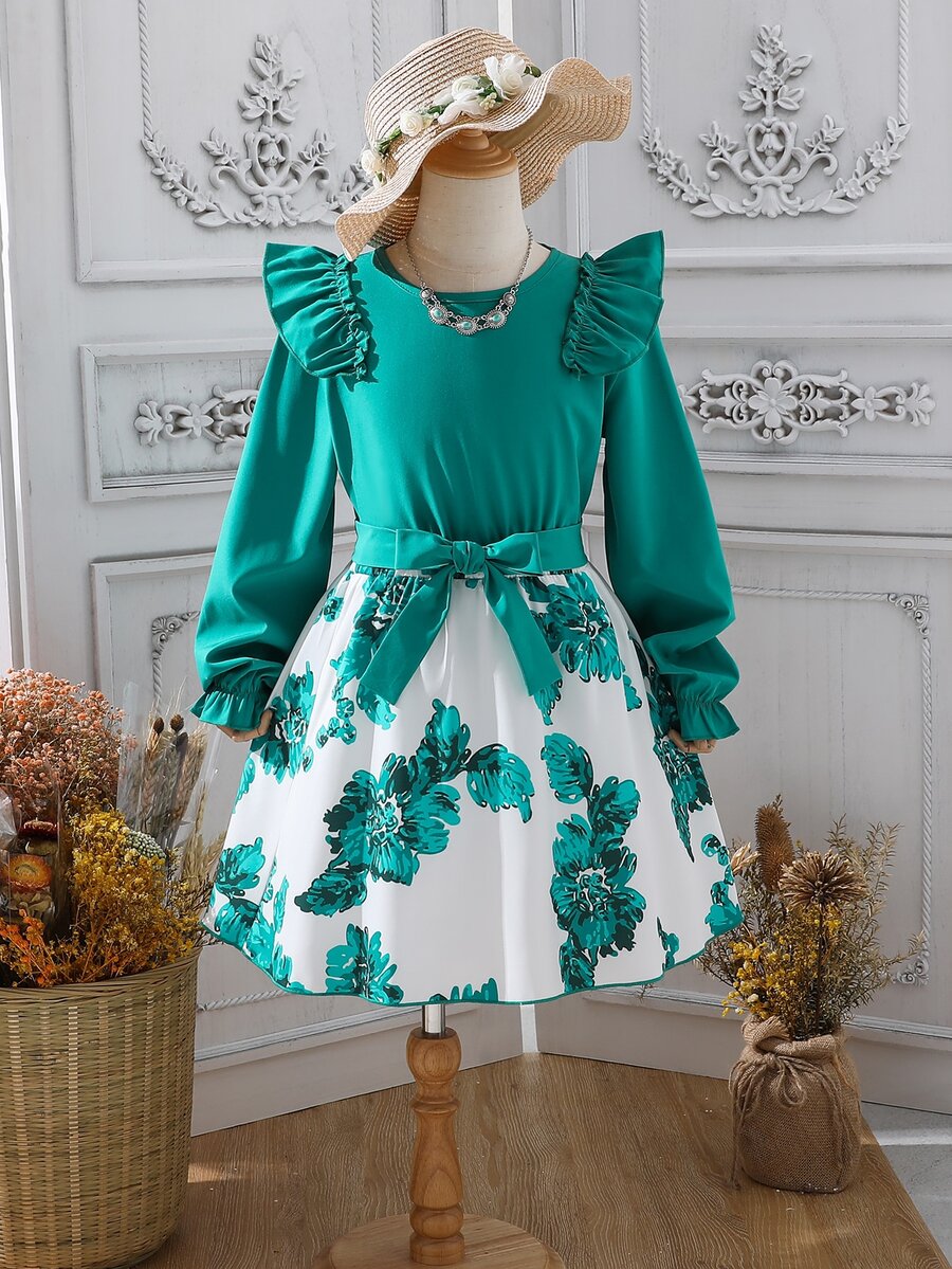 Chicas ribete con fruncido de manga con volante Blusa & con estampado floral Falda - Multicolor - Ver 1