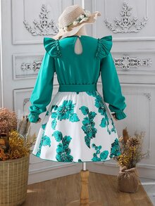 Chicas ribete con fruncido de manga con volante Blusa & con estampado floral Falda - Multicolor - Ver 2