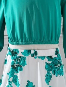 Chicas ribete con fruncido de manga con volante Blusa & con estampado floral Falda - Multicolor - Ver 6