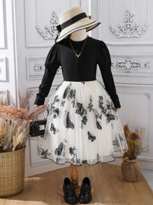 Girls Butterfly Print Gigot Sleeve Contrast Mesh Hem Dress - Black and White - View 1
