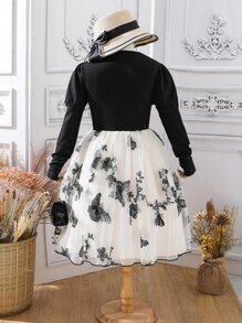 Girls Butterfly Print Gigot Sleeve Contrast Mesh Hem Dress - Black and White - View 2