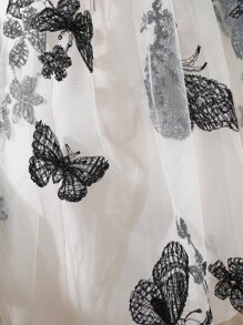 Girls Butterfly Print Gigot Sleeve Contrast Mesh Hem Dress - Black and White - View 4