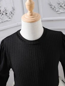 Girls Butterfly Print Gigot Sleeve Contrast Mesh Hem Dress - Black and White - View 5