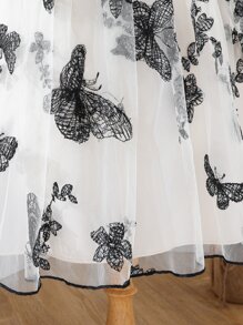 Girls Butterfly Print Gigot Sleeve Contrast Mesh Hem Dress - Black and White - View 7