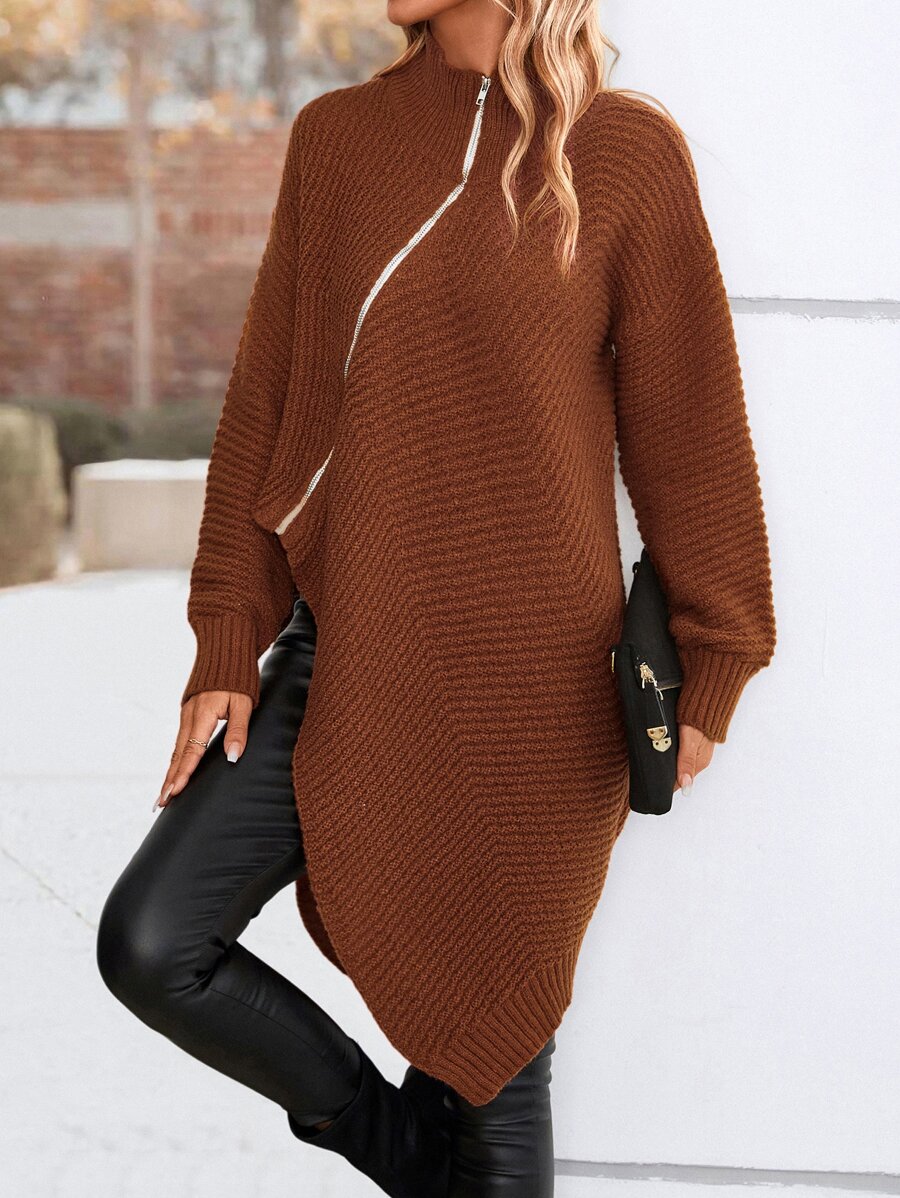 High Neck Zip Up Asymmetrical Hem Drop Shoulder Cardigan - Rust Brown - View 1
