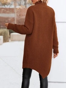 High Neck Zip Up Asymmetrical Hem Drop Shoulder Cardigan - Rust Brown - View 2