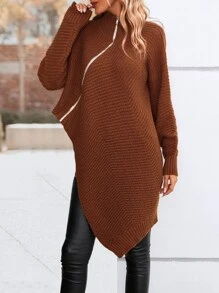High Neck Zip Up Asymmetrical Hem Drop Shoulder Cardigan - Rust Brown - View 3