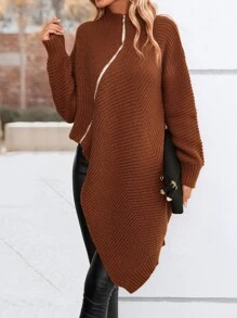 High Neck Zip Up Asymmetrical Hem Drop Shoulder Cardigan - Rust Brown - View 4