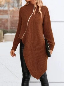 High Neck Zip Up Asymmetrical Hem Drop Shoulder Cardigan - Rust Brown - View 5