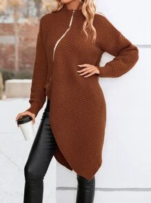 High Neck Zip Up Asymmetrical Hem Drop Shoulder Cardigan - Rust Brown - View 6