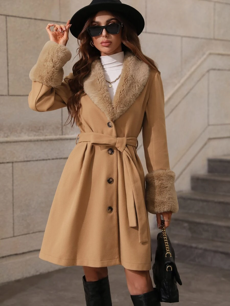 SHEIN LUNE Borg Collar Single Breasted Belted Overcoat - Camel - View 1