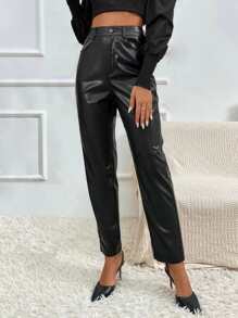 SHEIN BAE 高腰PU皮革長褲 - 黑色 - 查看 1