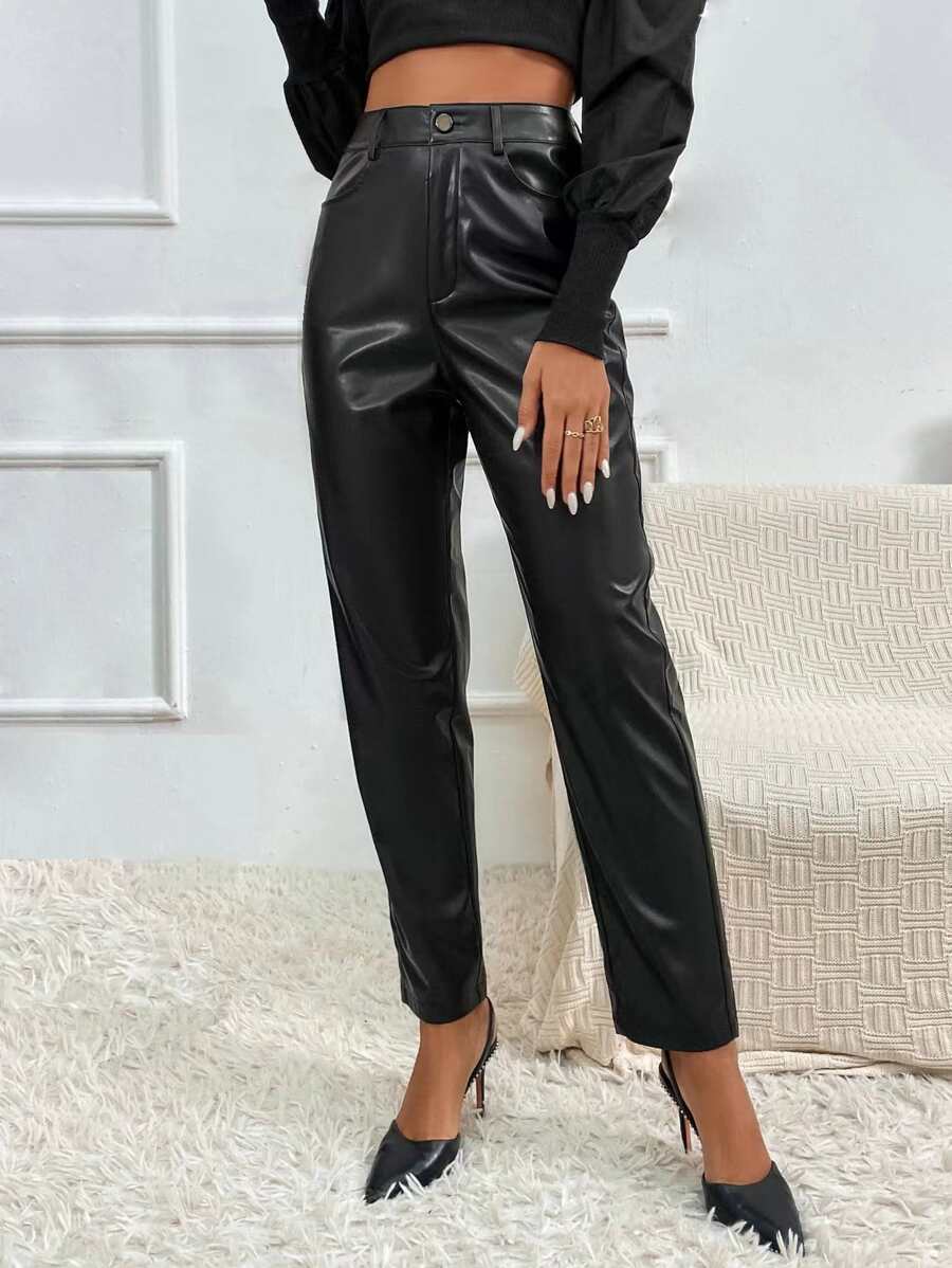 SHEIN BAE 高腰PU皮革長褲 - 黑色 - 查看 1