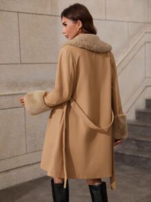 SHEIN LUNE Borg Collar Single Breasted Belted Overcoat - Camel - View 2