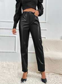 SHEIN BAE 高腰PU皮革長褲 - 黑色 - 查看 3