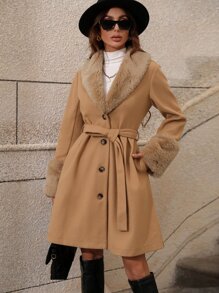 SHEIN LUNE Borg Collar Single Breasted Belted Overcoat - Camel - View 4