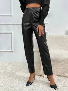 SHEIN BAE 高腰PU皮革長褲 - 黑色 - 查看 5