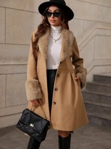 SHEIN LUNE Borg Collar Single Breasted Belted Overcoat - Camel - View 5