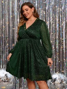SHEIN Belle Plus Christmas Lace Trim Surplice Neck Glitter Dress - Dark Green - View 4