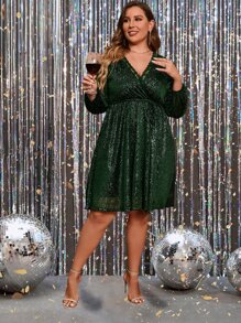SHEIN Belle Plus Christmas Lace Trim Surplice Neck Glitter Dress - Dark Green - View 5