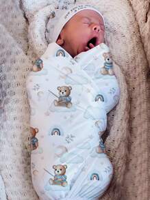 SHEIN Newborn Baby Boy Photography Cartoon Graphic Blanket & Hat Prop