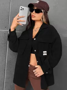 SHEIN EZwear 秋冬灯芯绒字母贴片翻盖口袋夹克